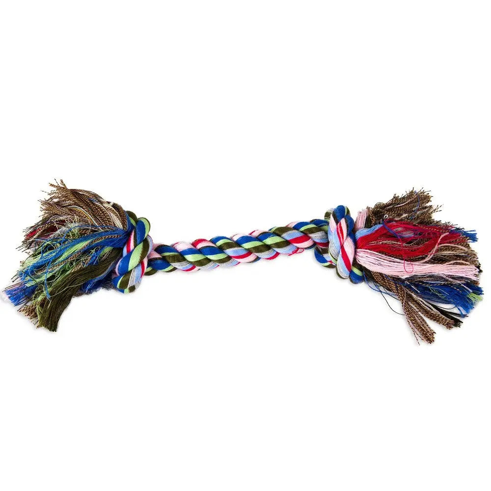 Colorful dog rope toy for chewing and tugging, promoting dental health and playtime fun.