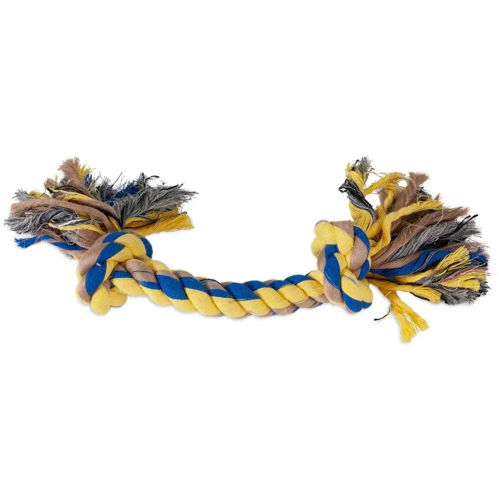 Durable dog rope toy in blue and yellow, perfect for tugging and chewing.
