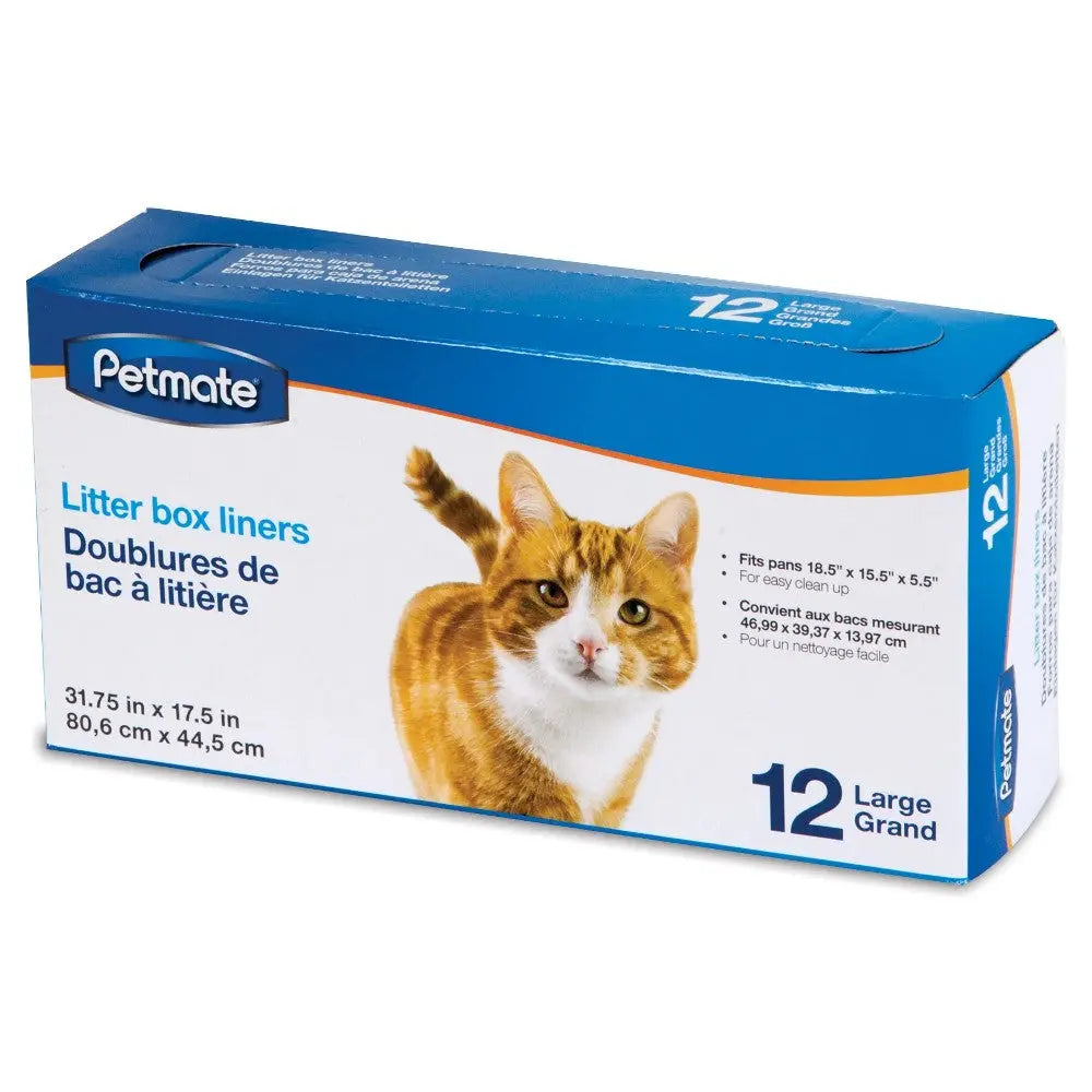 Petmate litter box liners for easy cleanup, fits large boxes, 12-pack, durable and convenient.
