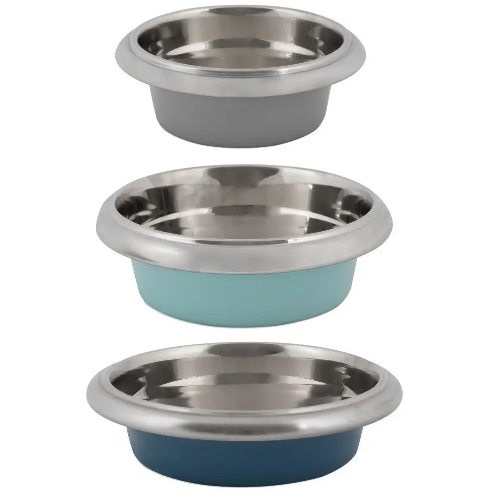 Three stylish stainless steel pet bowls with colorful bases for feeding dogs or cats.