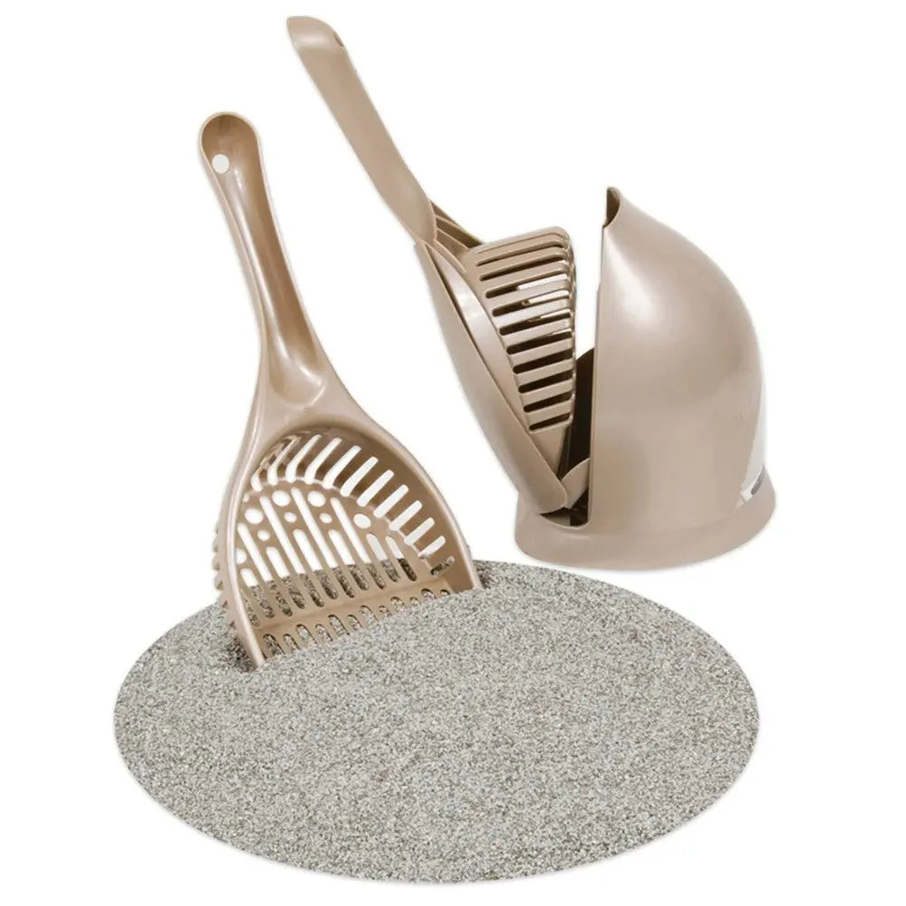 Cat litter scoop set with a storage container and mat for easy cleanup and organization.