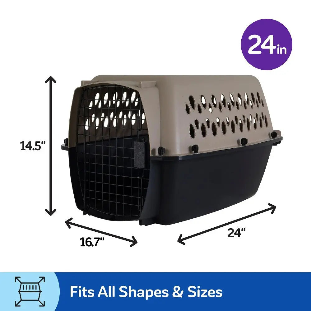 Pet carrier with ventilation holes, suitable for all shapes and sizes, measuring 24x16.7x14.5 inches.