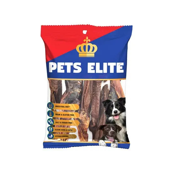 Pets Elite dog treats bag featuring natural ingredients and a healthy, ancestral diet for dogs.