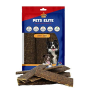 Dog jerky bars in a colorful package, featuring healthy ingredients and a feeding guide for pet owners.