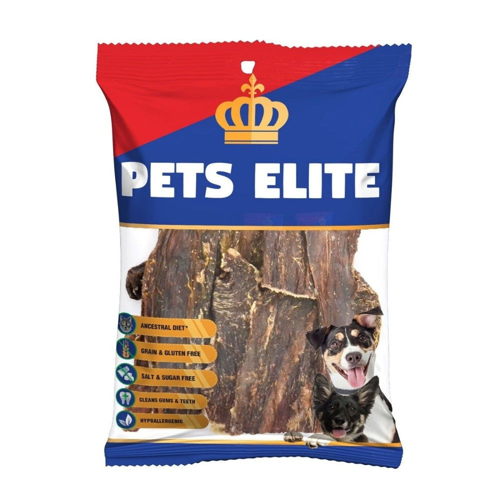 Pets Elite dog treats packaging featuring a royal design and highlighting grain-free, gluten-free ingredients.