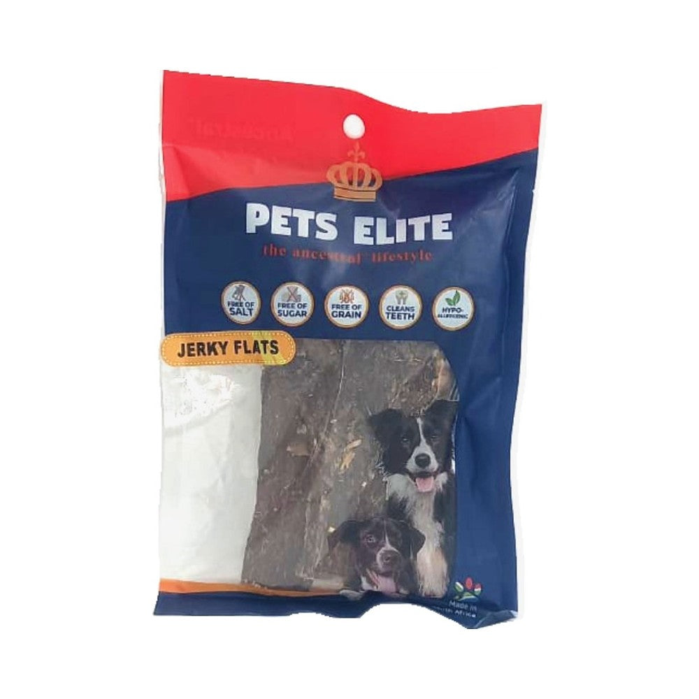 Pets Elite Jerky Flats dog treats, grain-free, healthy ingredients for clean teeth and happy pets.