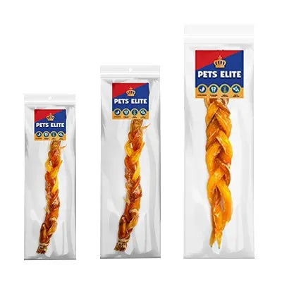 Braided dog treats in clear packaging, showcasing quality ingredients for pet enjoyment.
