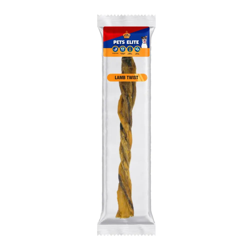 Lamb twist dog treat in clear packaging, perfect for rewarding your pet.