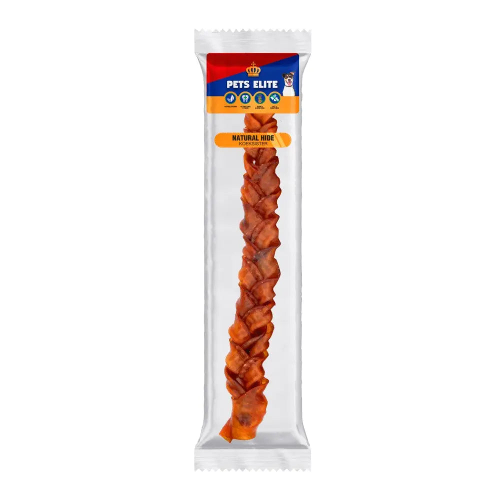 Natural hide dog chew stick in clear packaging, perfect for satisfying your pet's chewing instincts.