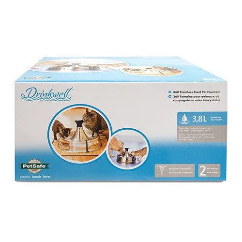 PetSafe Drinkwell 360 stainless steel pet fountain packaging with images and features highlighted.