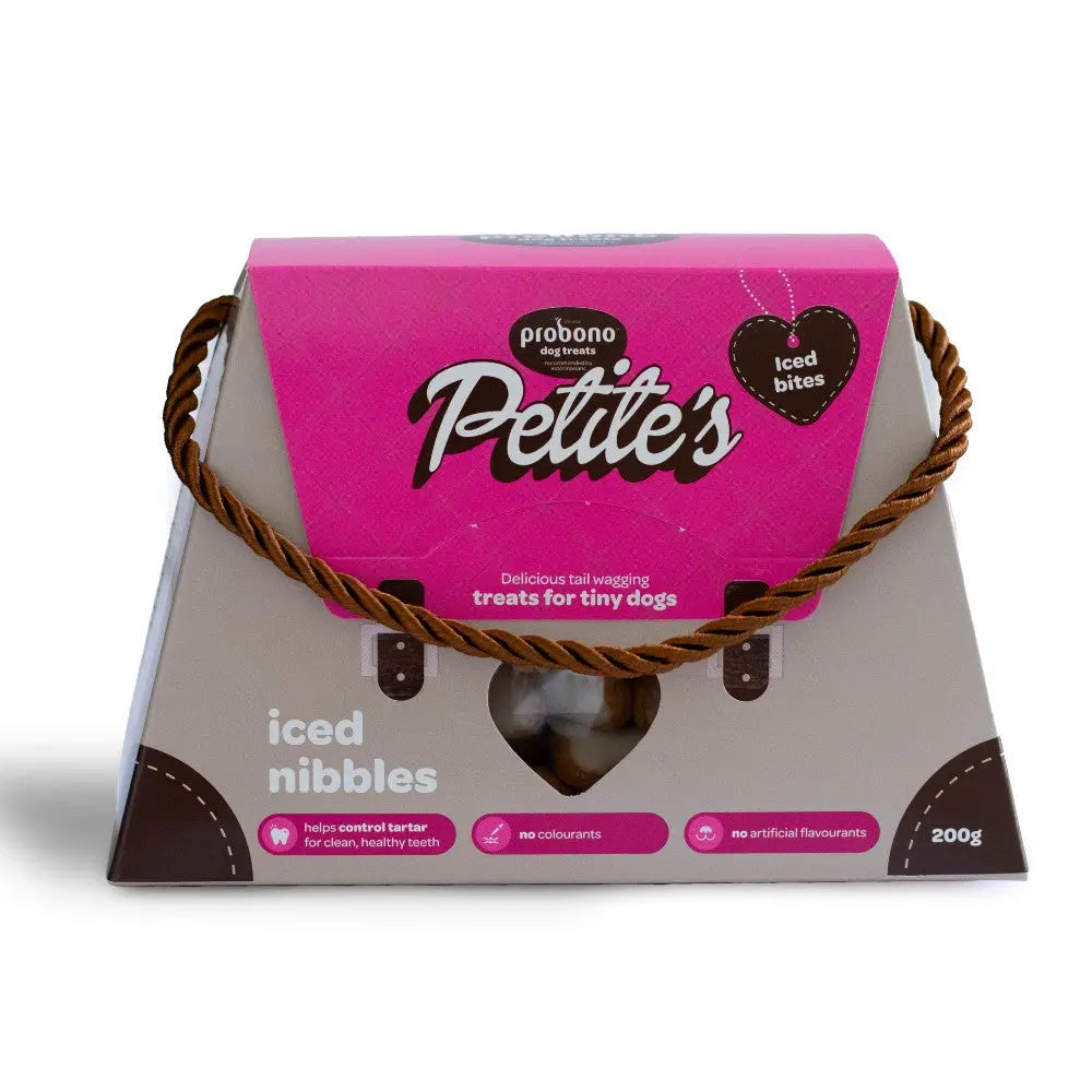 Petite's iced nibbles for tiny dogs, 200g packaging with a cute design and health benefits.
