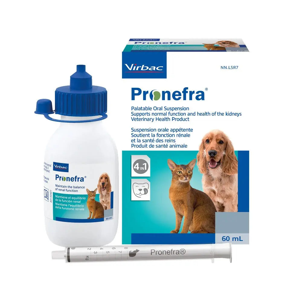 Pronefra oral suspension for pets, supporting kidney health with a syringe for easy dosing.