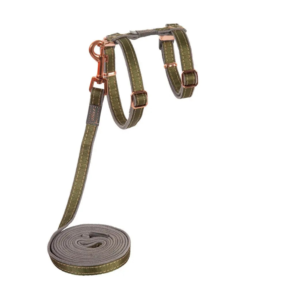 Durable dog harness and leash set in olive green with rose gold accents for comfortable walks.