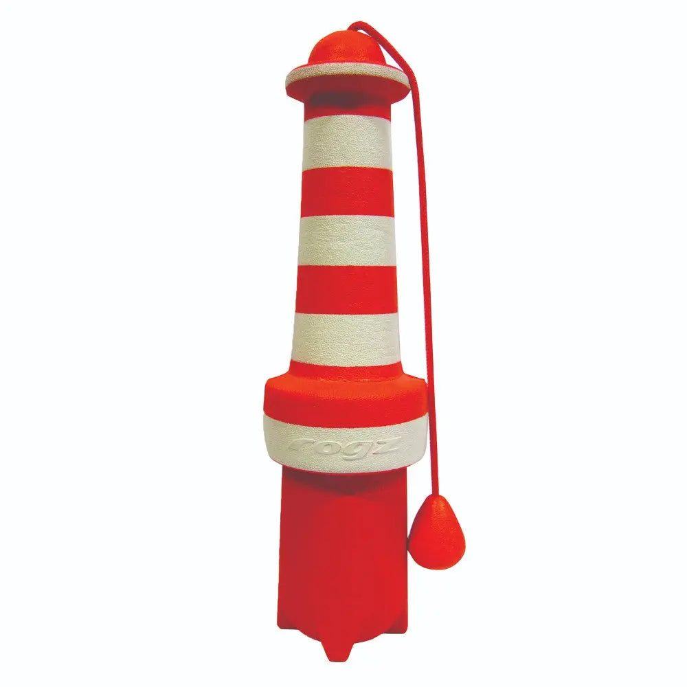 Red and white striped dog toy lighthouse for fun and interactive playtime.