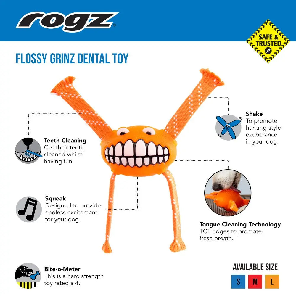 Rogz Flossy Grinz Oral Care dog chew product.