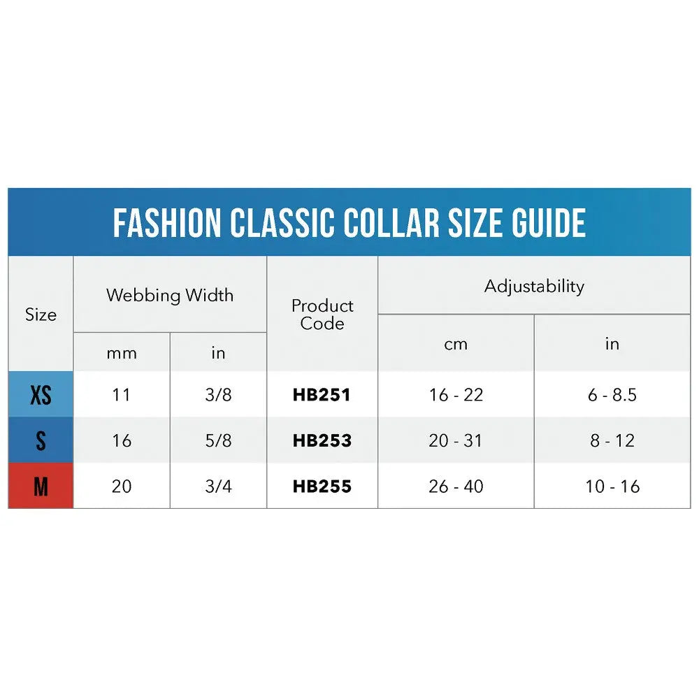 Fashion classic collar size guide with webbing width and adjustability details for XS, S, and M sizes.