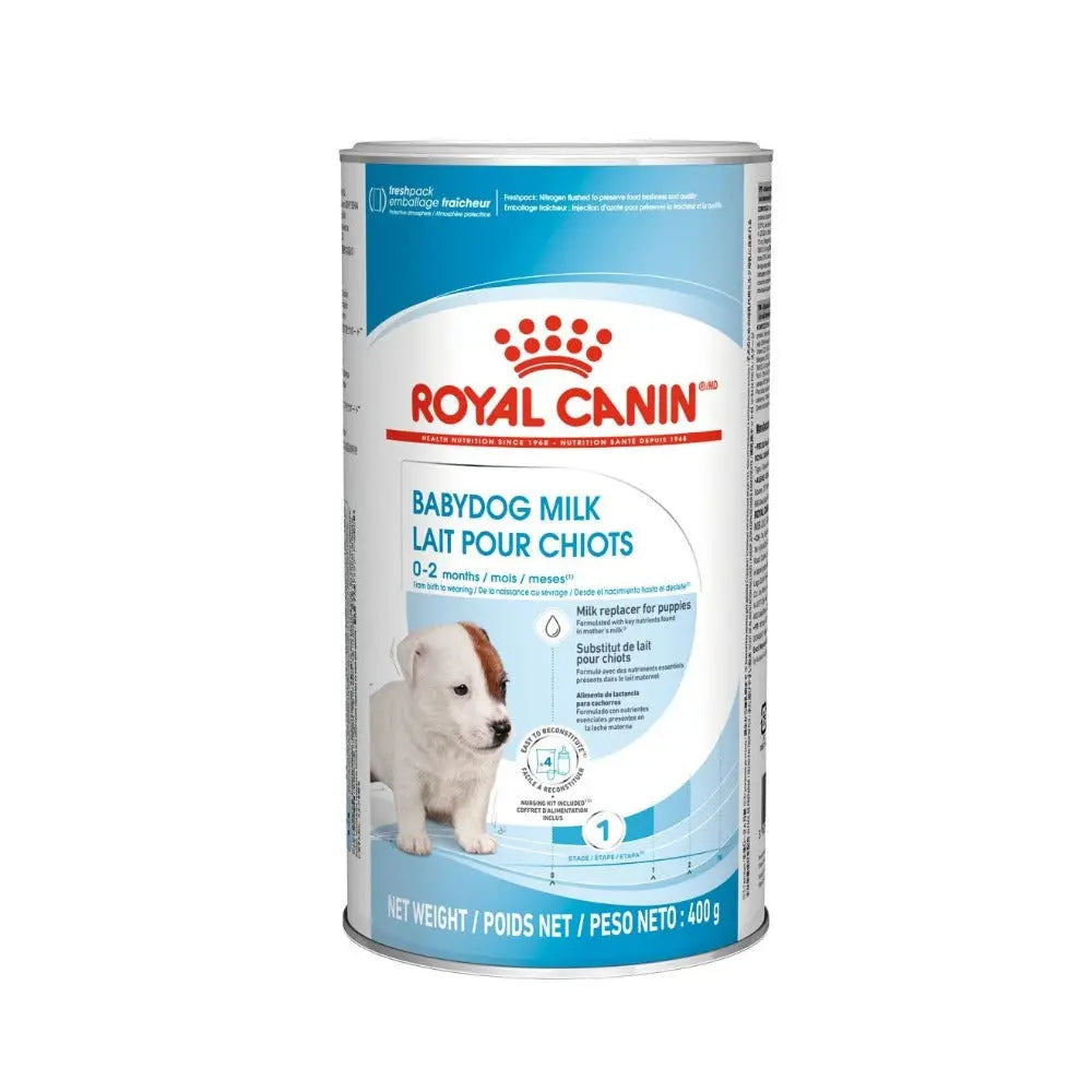 Royal Canin Babydog Milk formula for puppies, 0-2 months, 400g canister packaging.