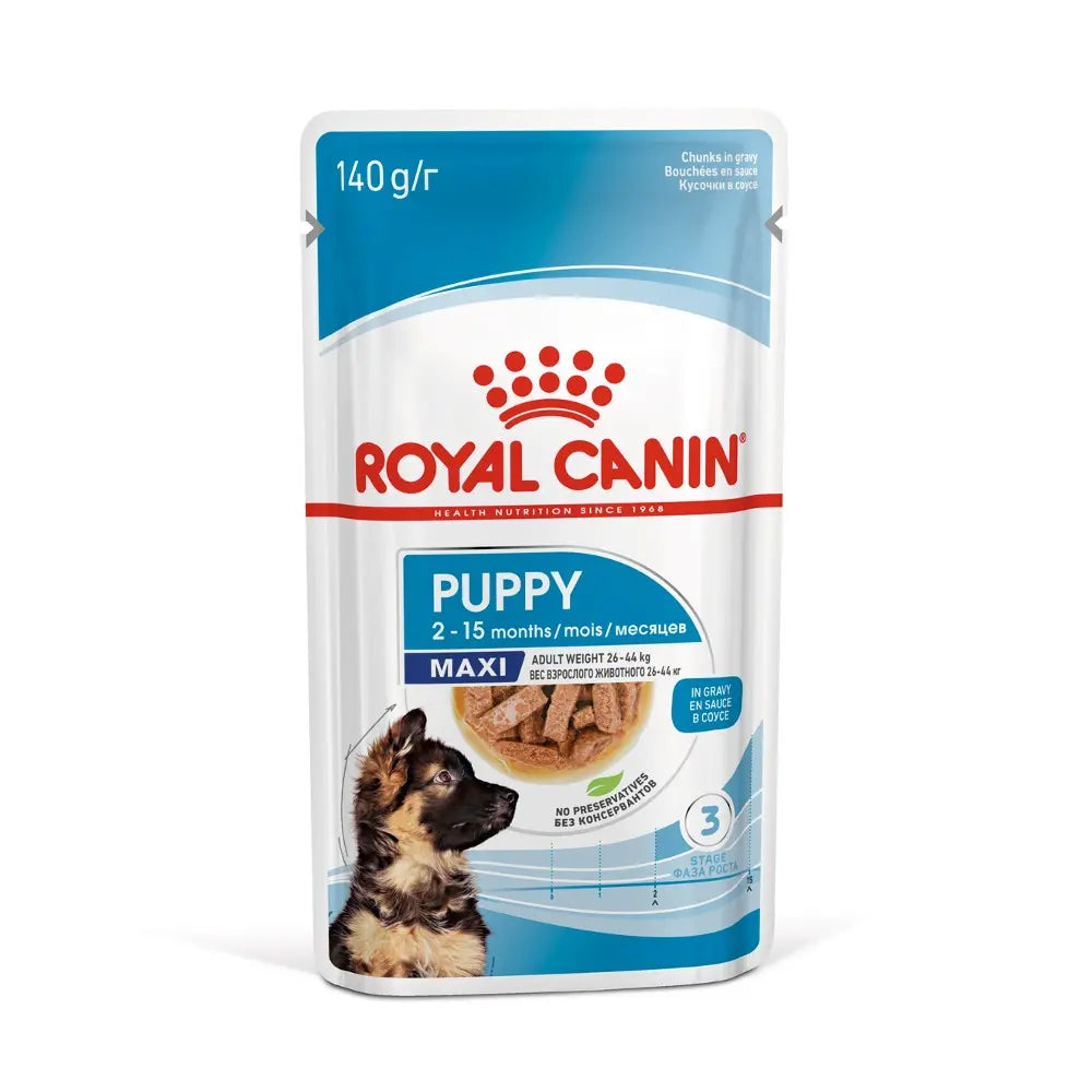 Royal Canin Puppy Maxi food pouch for dogs aged 2-15 months, featuring nutritious ingredients and feeding guide.
