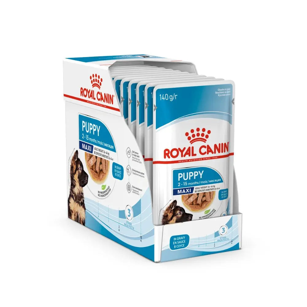 Royal Canin puppy food pouches, ideal for large breed puppies, with a focus on nutrition and growth.