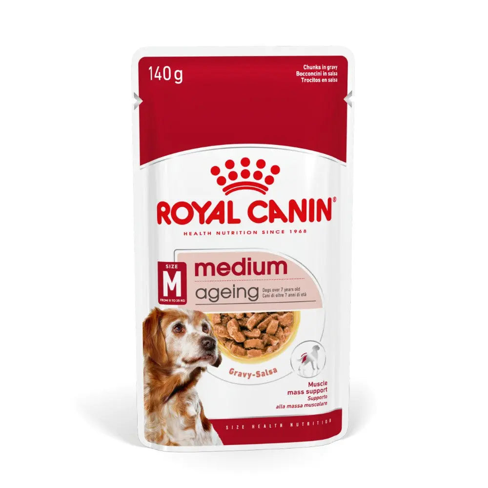 Royal Canin Medium Ageing dog food pouch with gravy, designed for dogs over 7 years old.