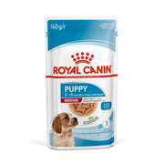 Royal Canin puppy food pouch for medium breeds, suitable for 2-12 months, 140g packaging.