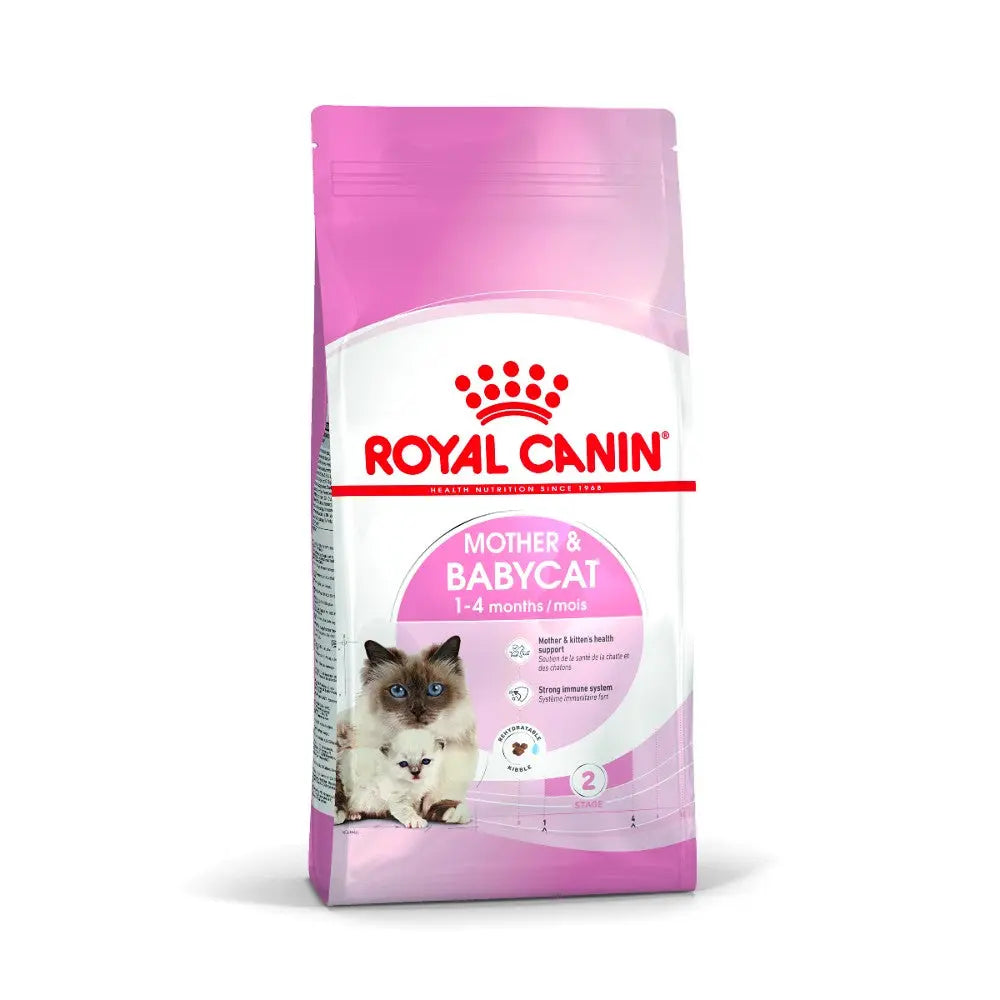 Royal Canin Mother & Babycat food bag for kittens aged 1-4 months, featuring a pink design and nutritional information.