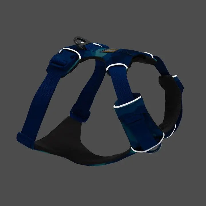 Durable blue dog harness with adjustable straps for comfort and secure fit.