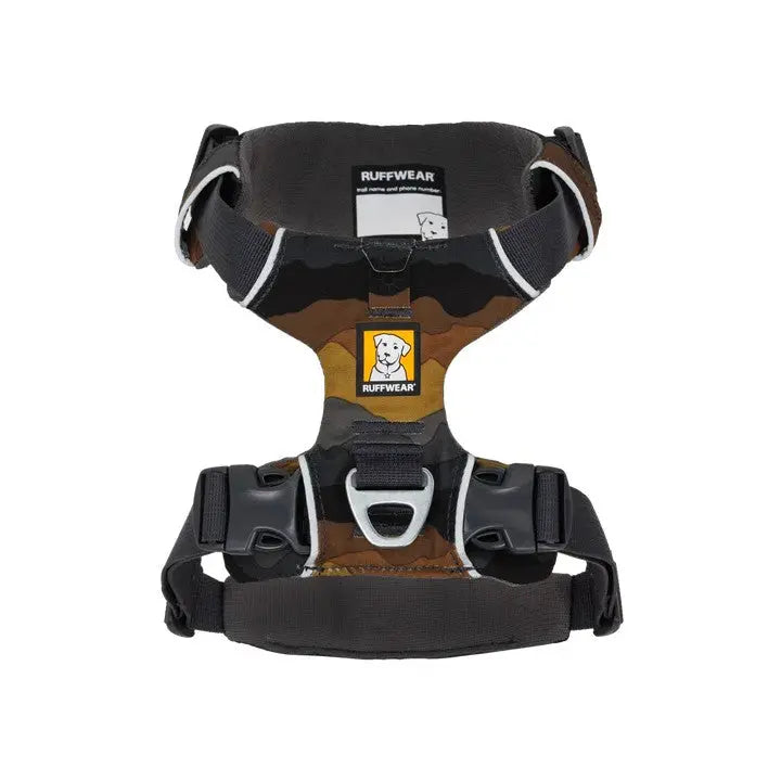 Ruffwear dog harness in camouflage design, featuring adjustable straps and secure buckles for comfort.