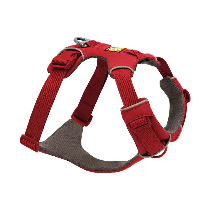Red dog harness with adjustable straps and padded design for comfort and safety.