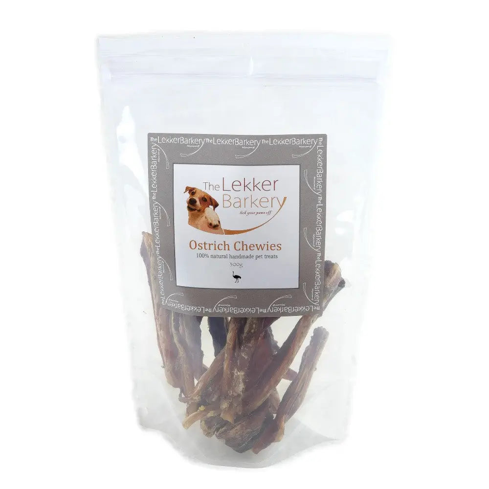 Ostrich chews in a clear bag, 100% natural dog treats for healthy pet snacking.