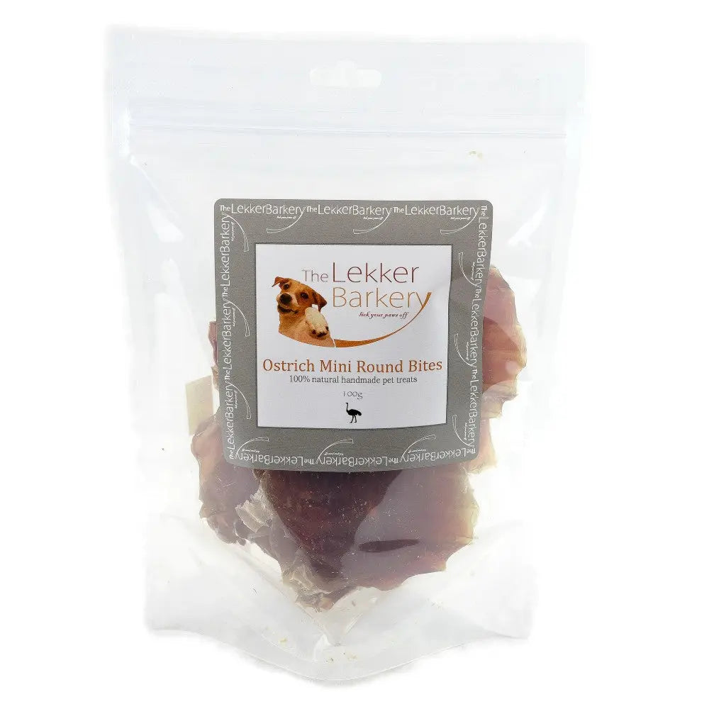 Ostrich mini round bites in a clear bag, perfect for natural pet treats and healthy dog snacks.
