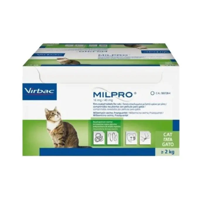 Virbac Milpro cat deworming treatment for cats over 2 kg, featuring packaging and dosage information.