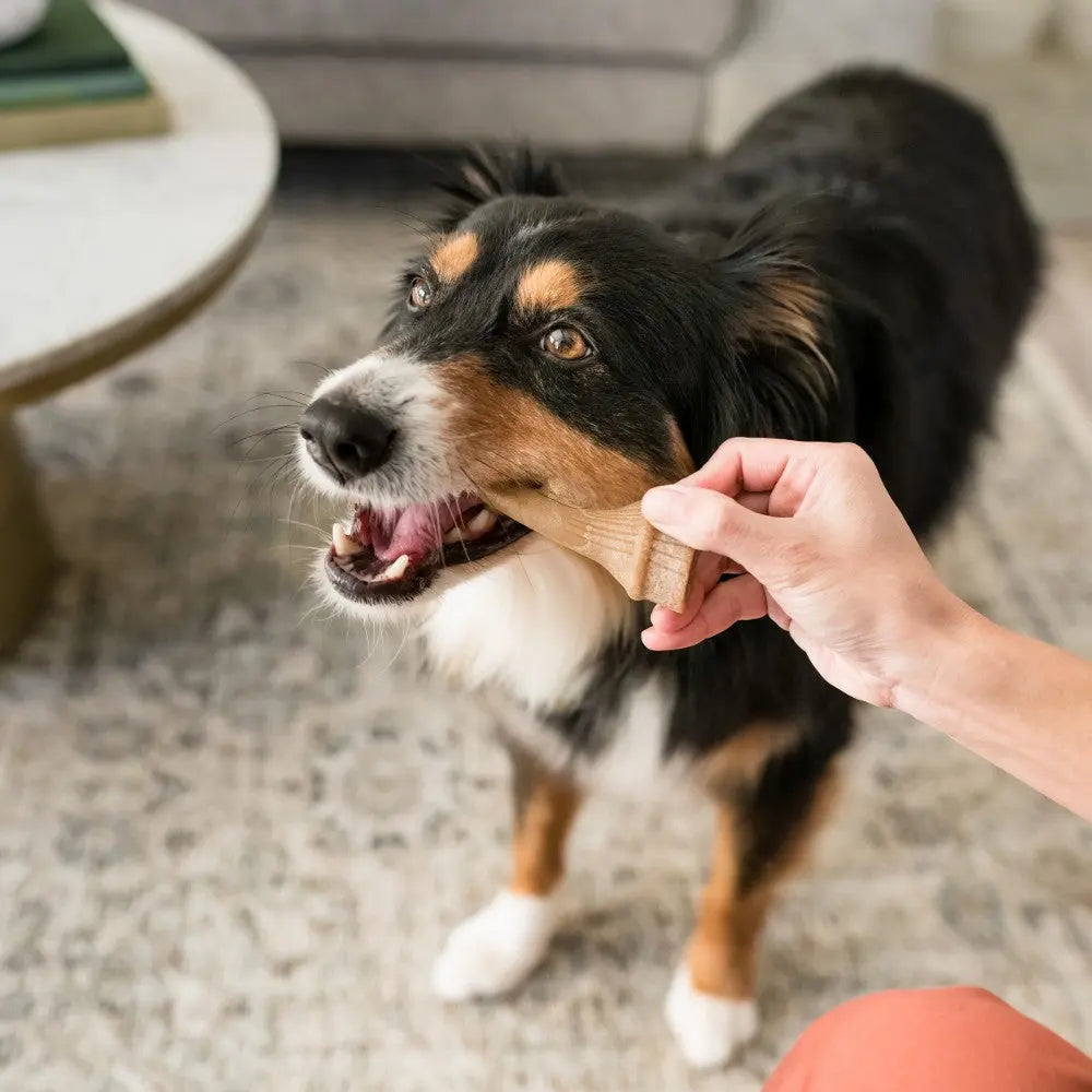 Dog enjoying a dental chew while being brushed, promoting oral health and hygiene.