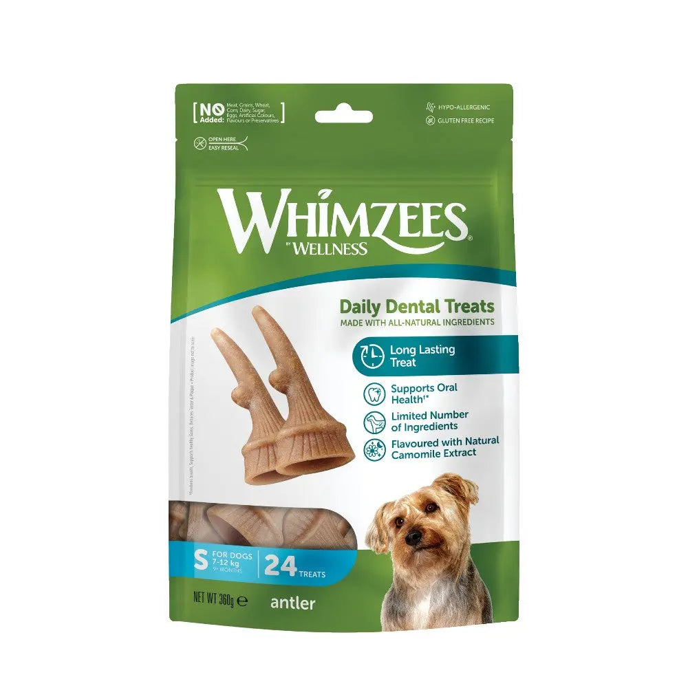 Whimzees Daily Dental Treats for dogs, antler shape, all-natural ingredients, supports oral health.