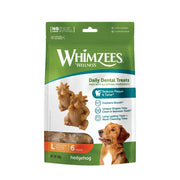 Whimzees hedgehog dental treats for dogs, promoting fresh breath and plaque reduction.