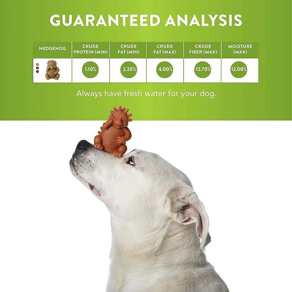 Dog with hedgehog toy on its nose, showcasing guaranteed analysis for pet nutrition.