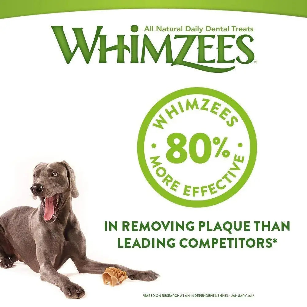 Whimzees dental treats for dogs, promoting 80% more plaque removal than competitors.