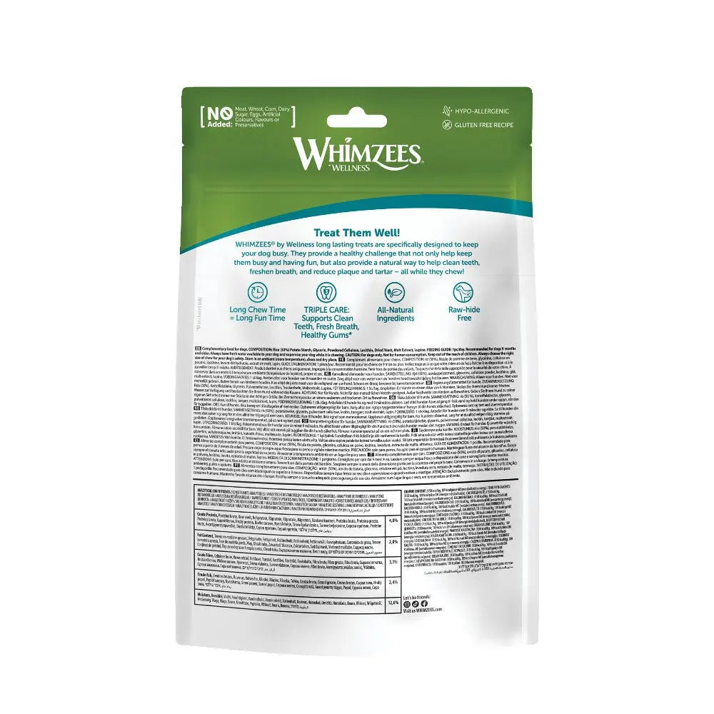 Whimzees dog treats packaging featuring all-natural ingredients and a healthy feeding guide.