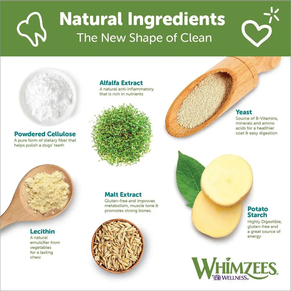 Natural ingredients for pet care: powdered cellulose, alfalfa, yeast, malt extract, lecithin, and potato starch.