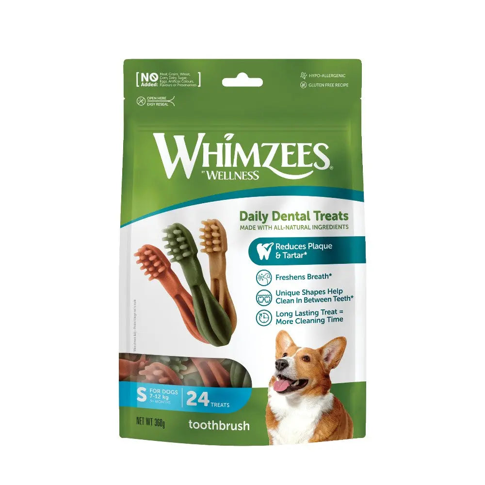 Whimzees Daily Dental Treats for dogs, promoting fresh breath and plaque reduction in a convenient pack.