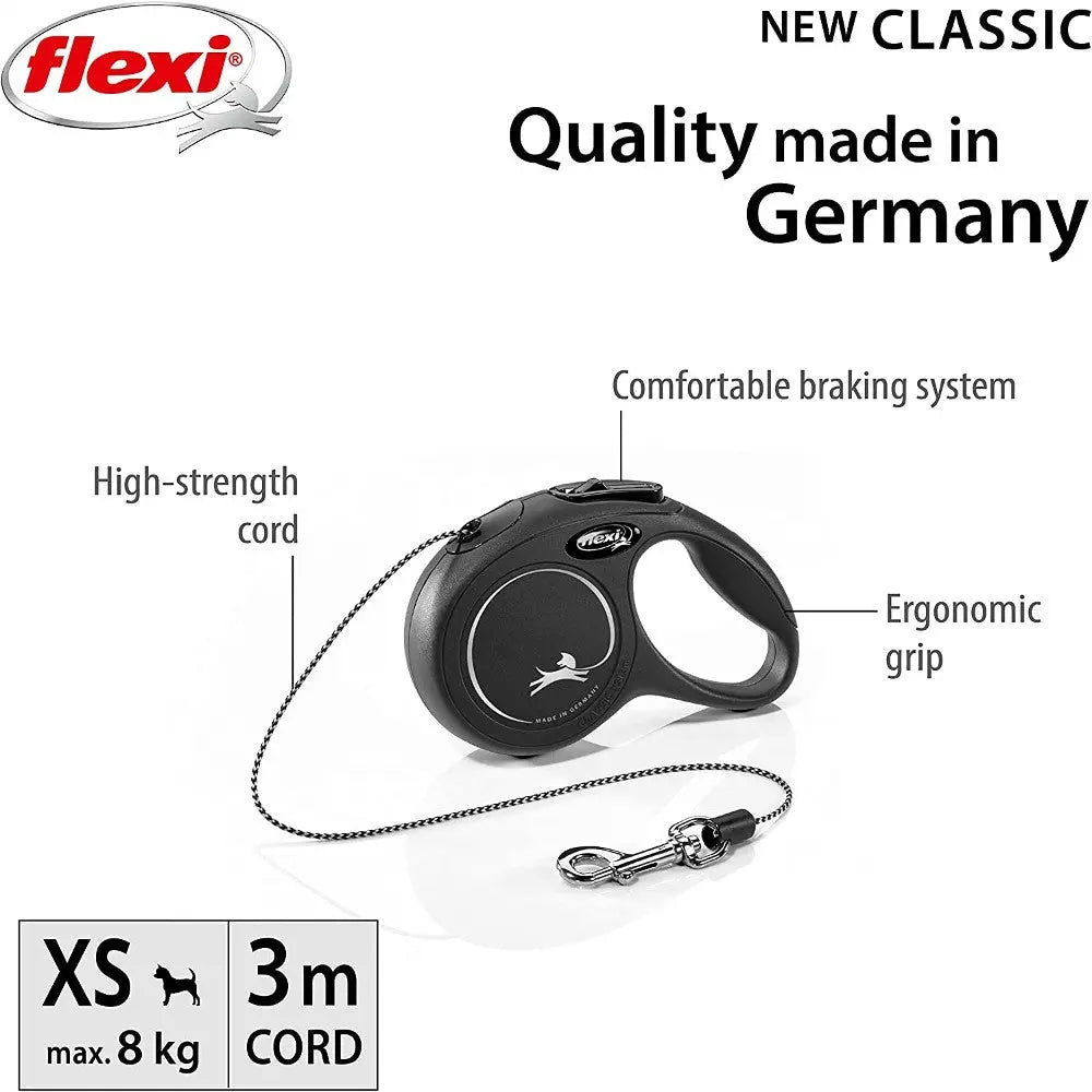 Flexi retractable dog leash with ergonomic grip and comfortable braking system, made in Germany.