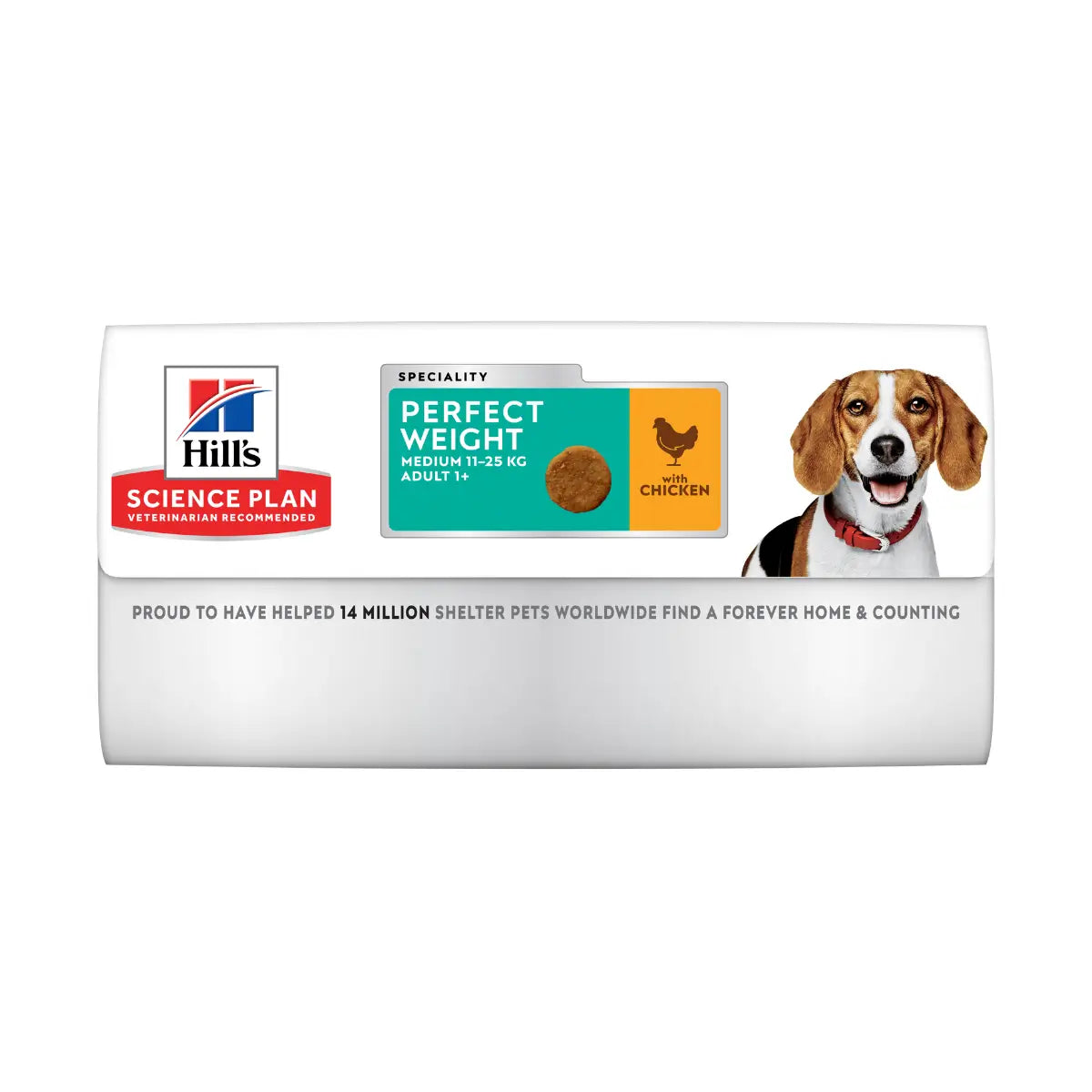 Hill's Science Plan Perfect Weight dog food packaging for medium adult dogs with chicken flavor.