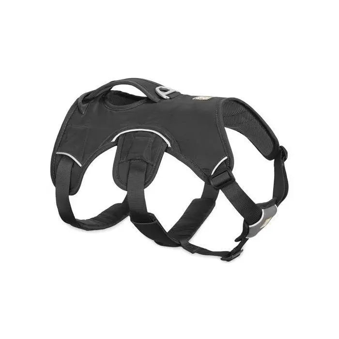 Durable black dog harness with adjustable straps for comfort and control during walks.