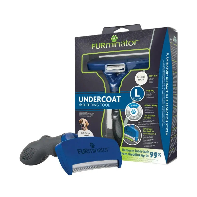 FURminator Undercoat deShedding Tool for short-haired pets, reduces shedding by up to 99%.