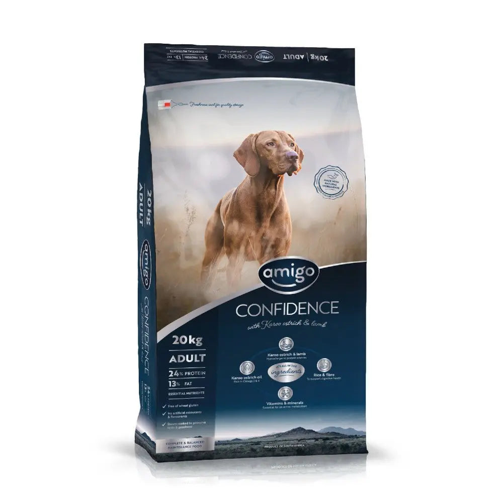 Amigo Confidence dog food bag, 20kg, featuring high protein and fat content for adult dogs.