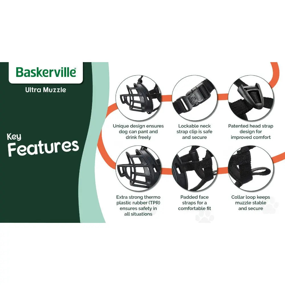 Baskerville Ultra Muzzle features secure design, padded straps, and safety for comfortable dog use.