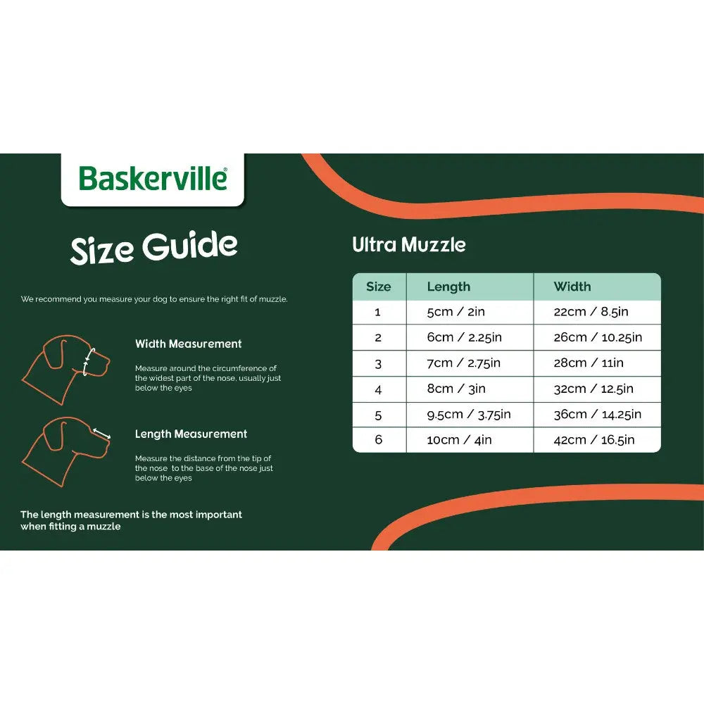 Baskerville Ultra Muzzle size guide with measurements for proper fit and comfort for dogs.