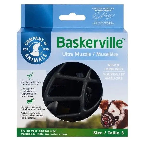 Baskerville Ultra Muzzle packaging, designed for comfort and safety in dog training and management.