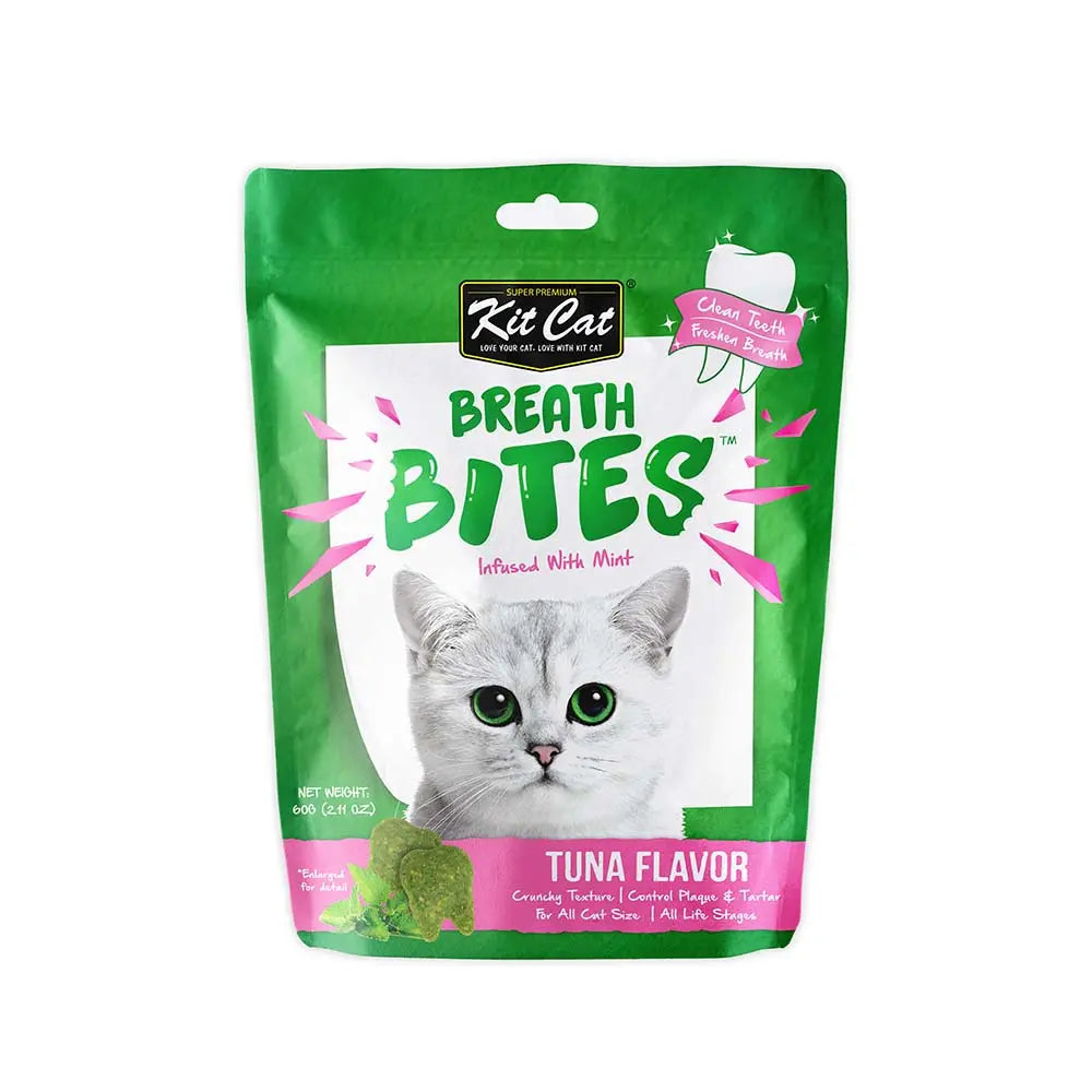 Kit Cat Breath Bites tuna flavor cat treats in mint-infused packaging for fresh breath and dental health.