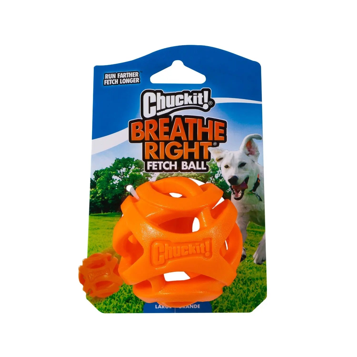 Chuckit! Breathe Right fetch ball in orange packaging, perfect for interactive dog play and exercise.